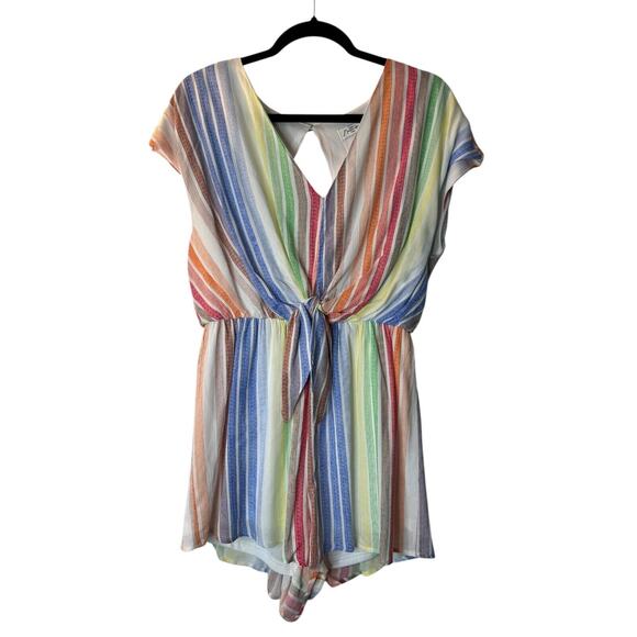 She + Sky Romper Size L Multicolor Rainbow Striped Short Sleeve Open Back V-Neck - Picture 1 of 11